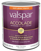 Valspar Accolade 1300 028.0013004.005 Latex Paint, Acrylic Base, Semi-Gloss, Clear Base, 1 qt, Plastic Can